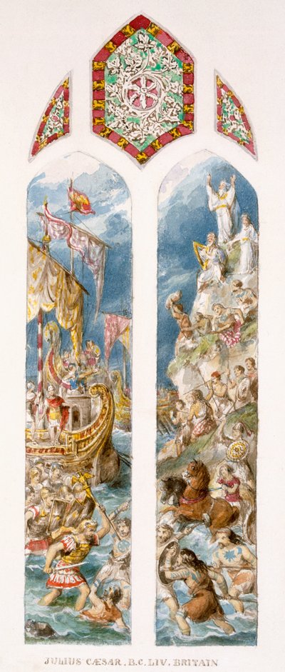 Julio César llega a las costas de Gran Bretaña, 54 a.C., en trimaranes, es atacado por británicos pintados con glasto, c.1880 de William Bell and Boyd, Alice Scott